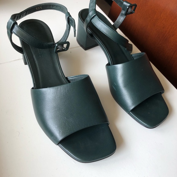 dark green block heel sandals